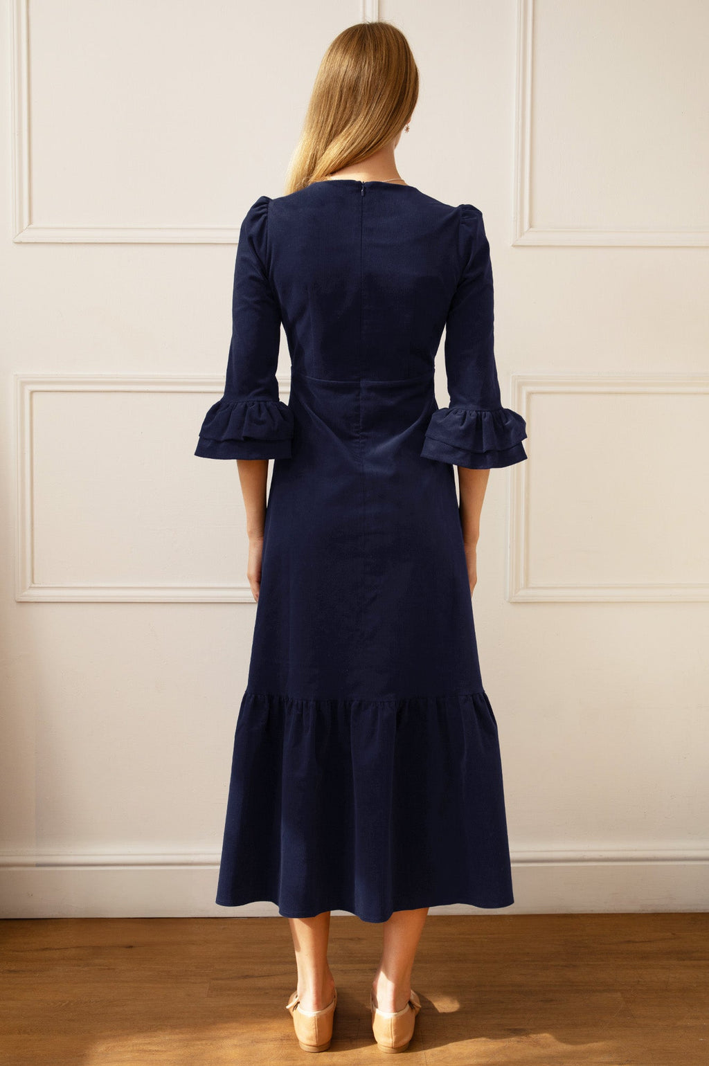 Victoria Round Neck 3/4 Sleeve Stretch Corduroy Dress | Atlantic Blue