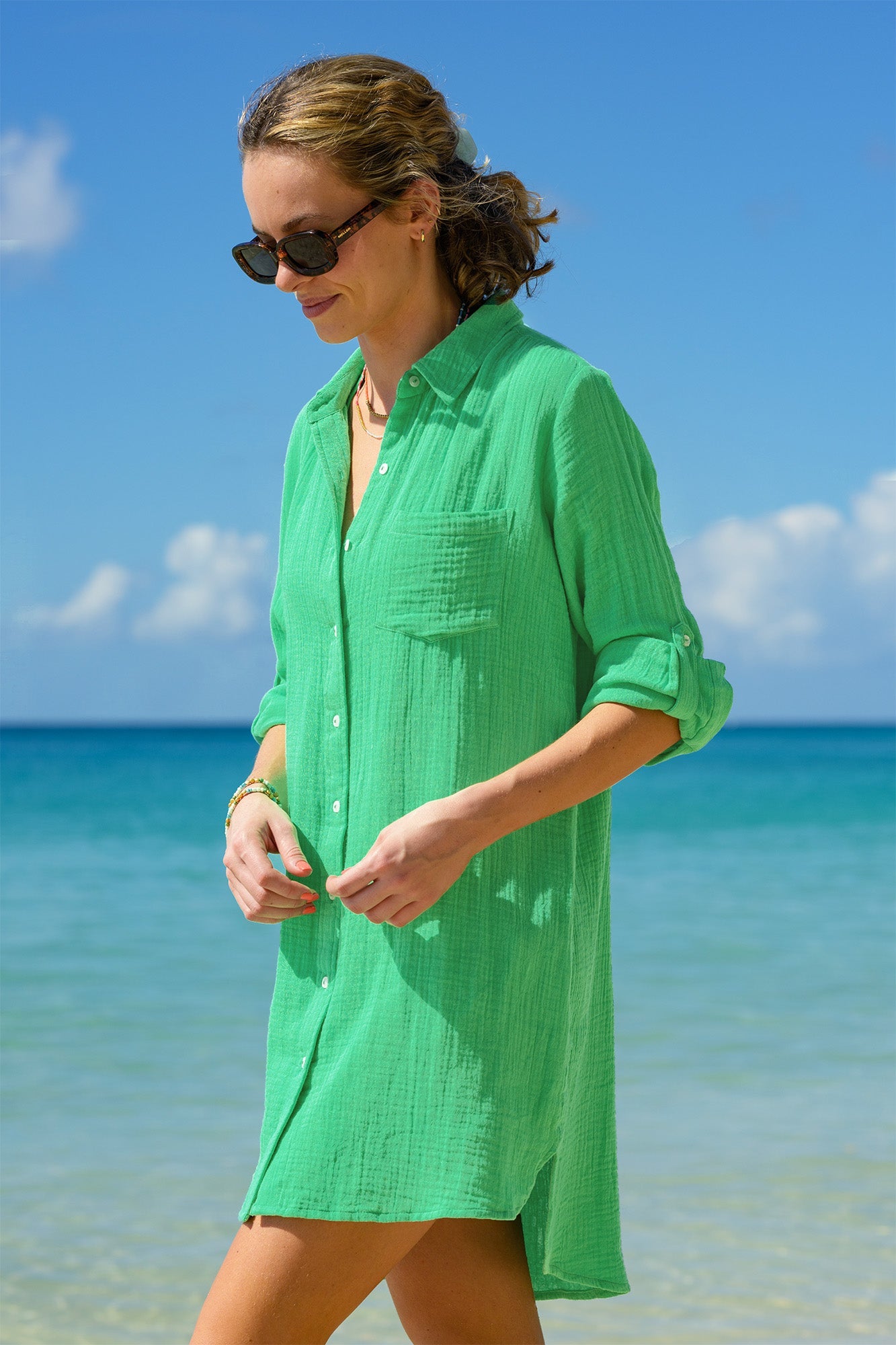 Saffron Organic Cotton Cheesecloth Beach Shirt | Green