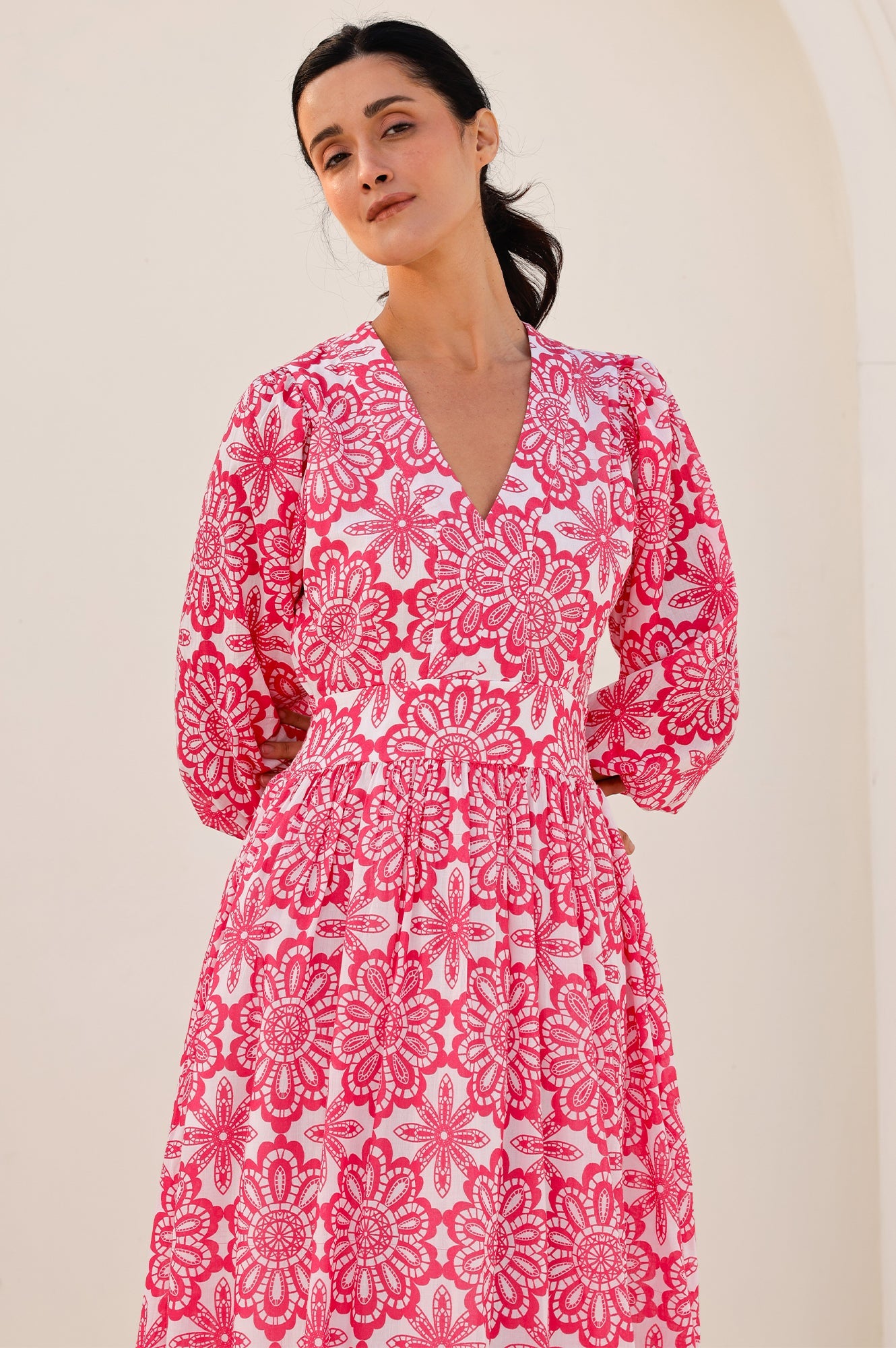 Annie Maxi Organic Cotton Dress | Lace Floral White/Pink