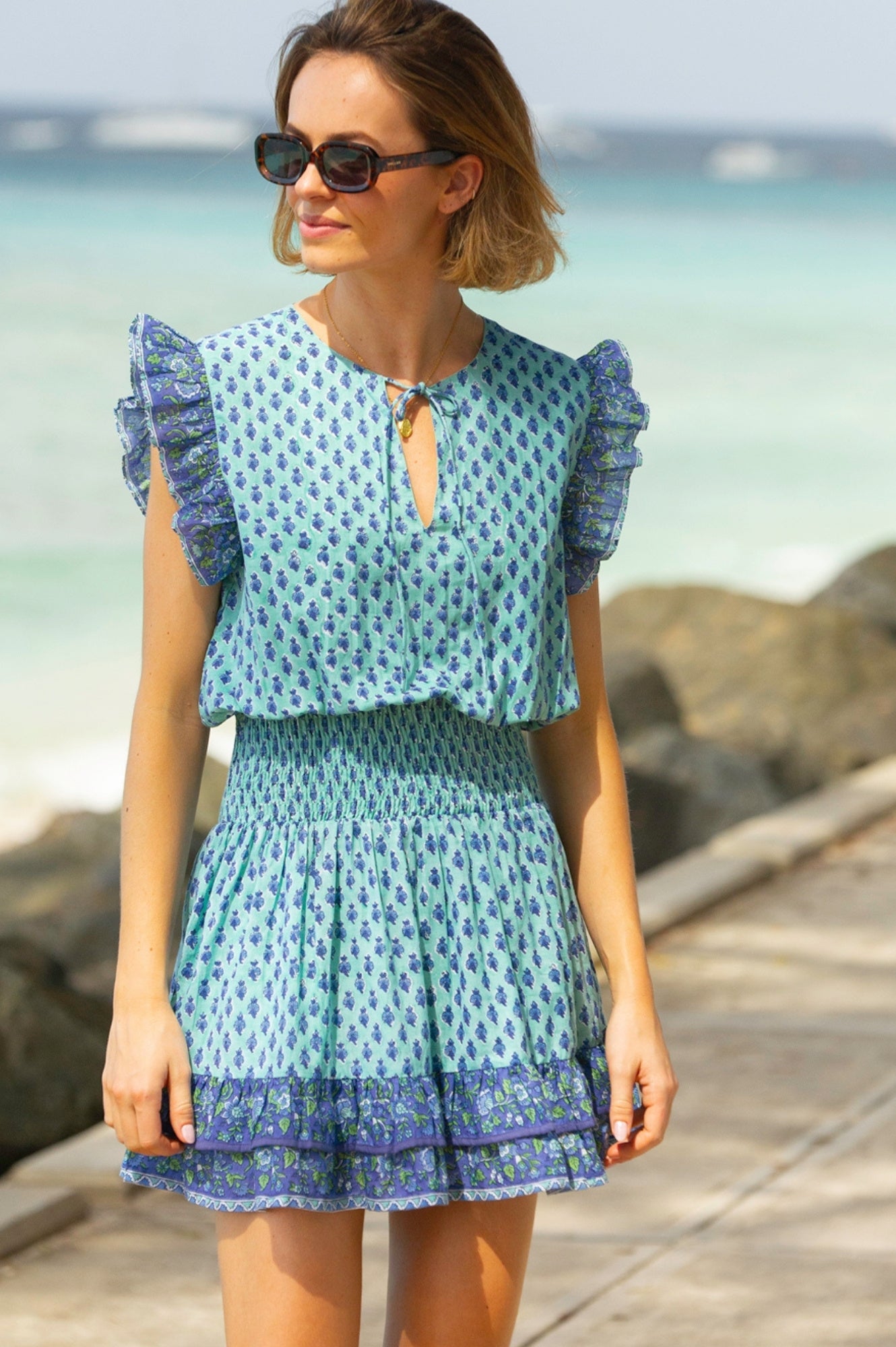 Macy Organic Cotton Block Print Dress | Buti Turquoise/Blue