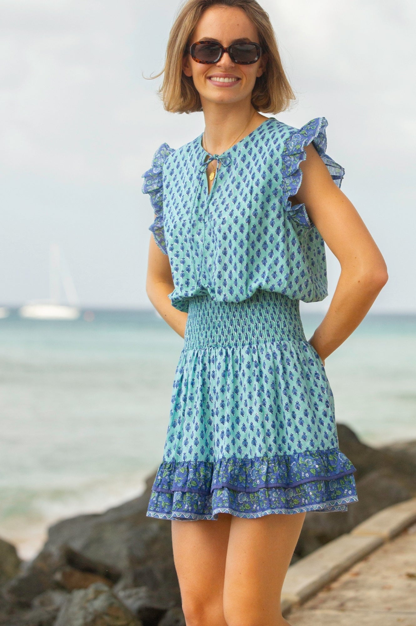 Macy Organic Cotton Block Print Dress | Buti Turquoise/Blue