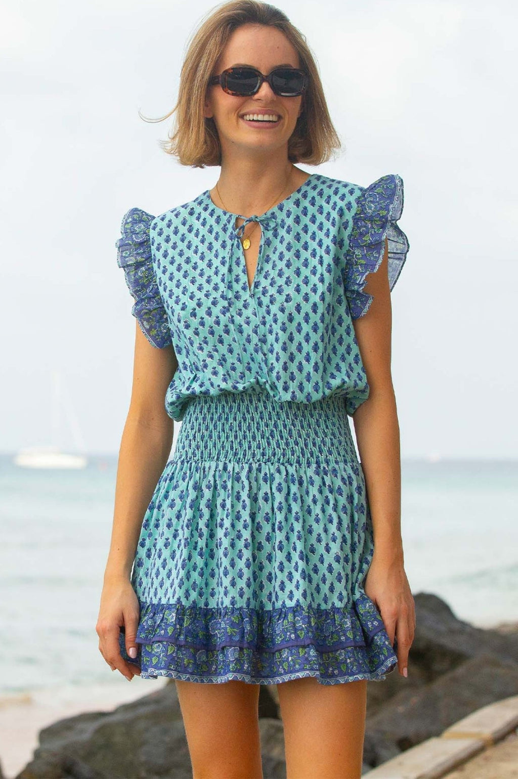 Macy Organic Cotton Block Print Dress | Buti Turquoise/Blue