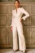 Zip Front Stretch Corduroy Jumpsuit | Cream