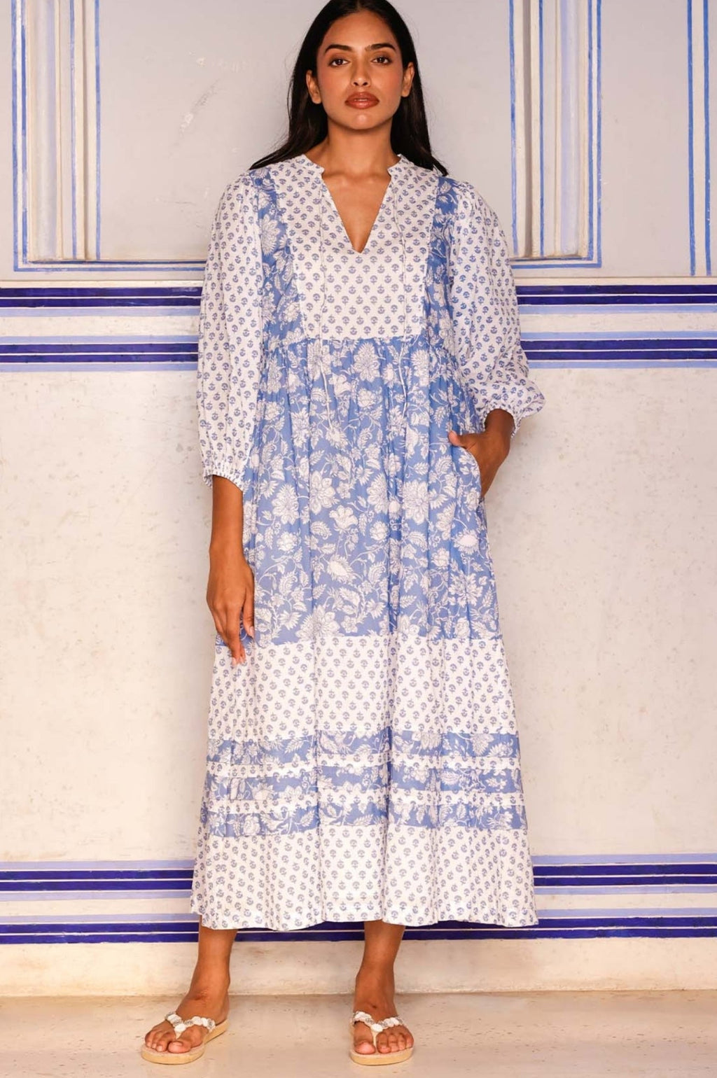 Martha Organic Cotton Print Mix Dress | Blossom Print Blue/White