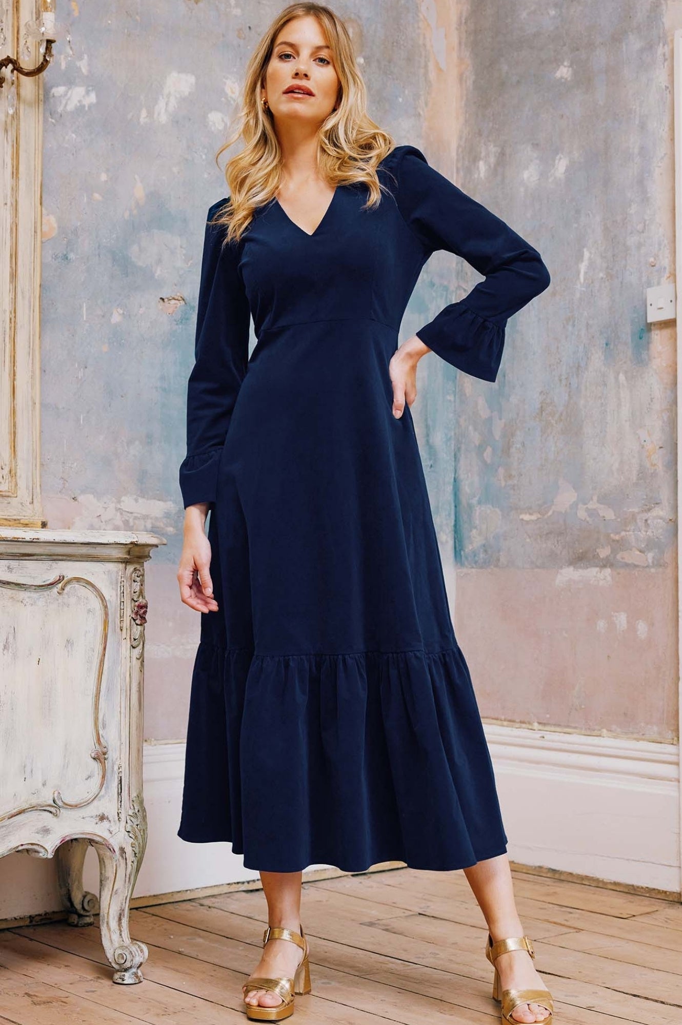 Victoria V-Neck Long Sleeve Stretch Corduroy Dress | Atlantic Blue