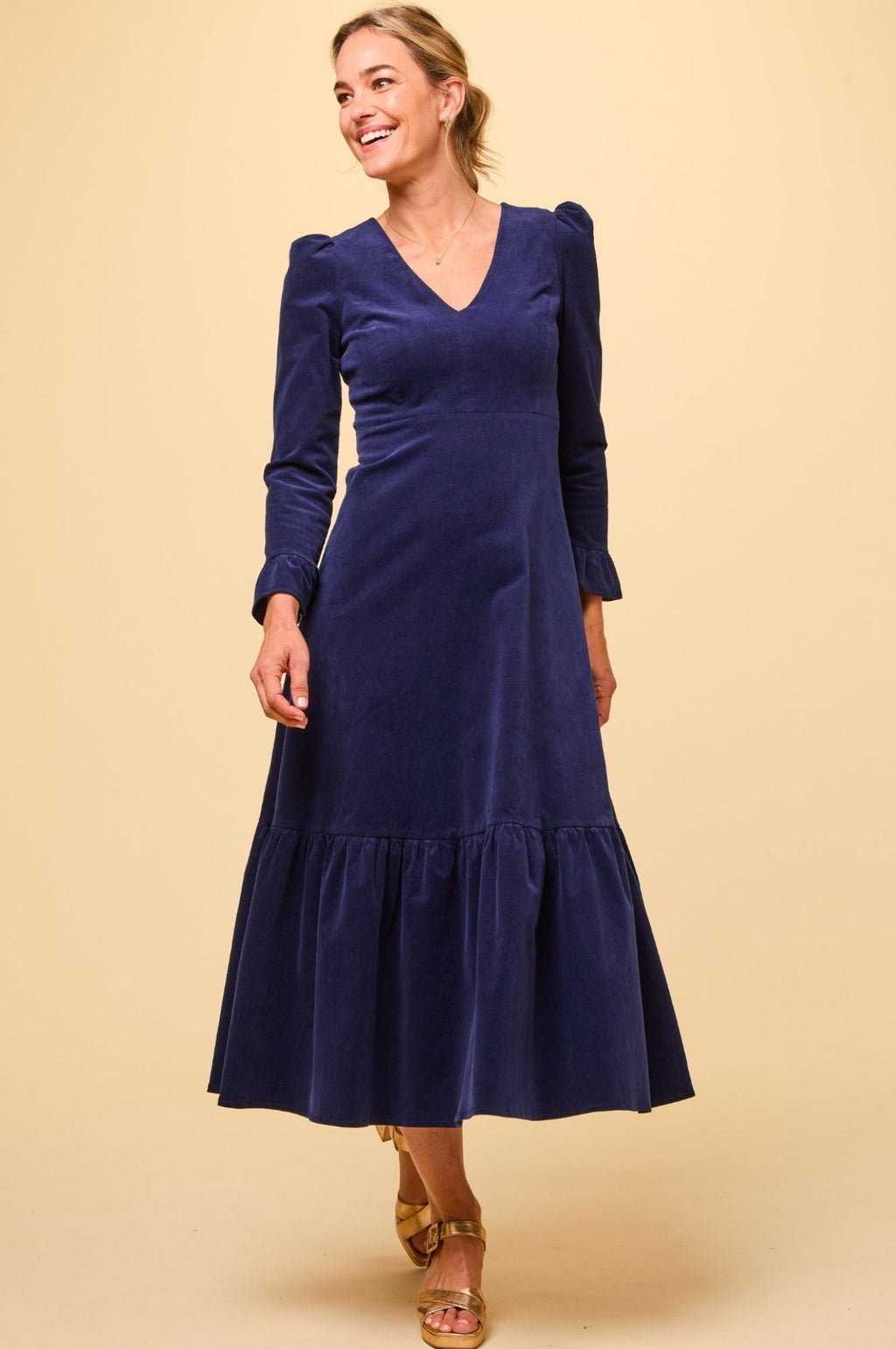 Victoria V-Neck Long Sleeve Stretch Corduroy Dress | Atlantic Blue