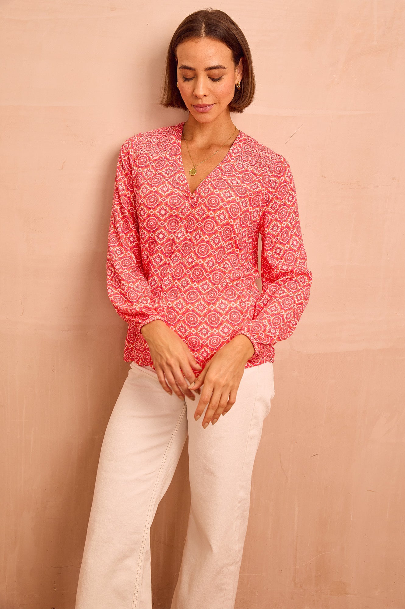 Clea Blouse | Flower Tile Orange/Pink