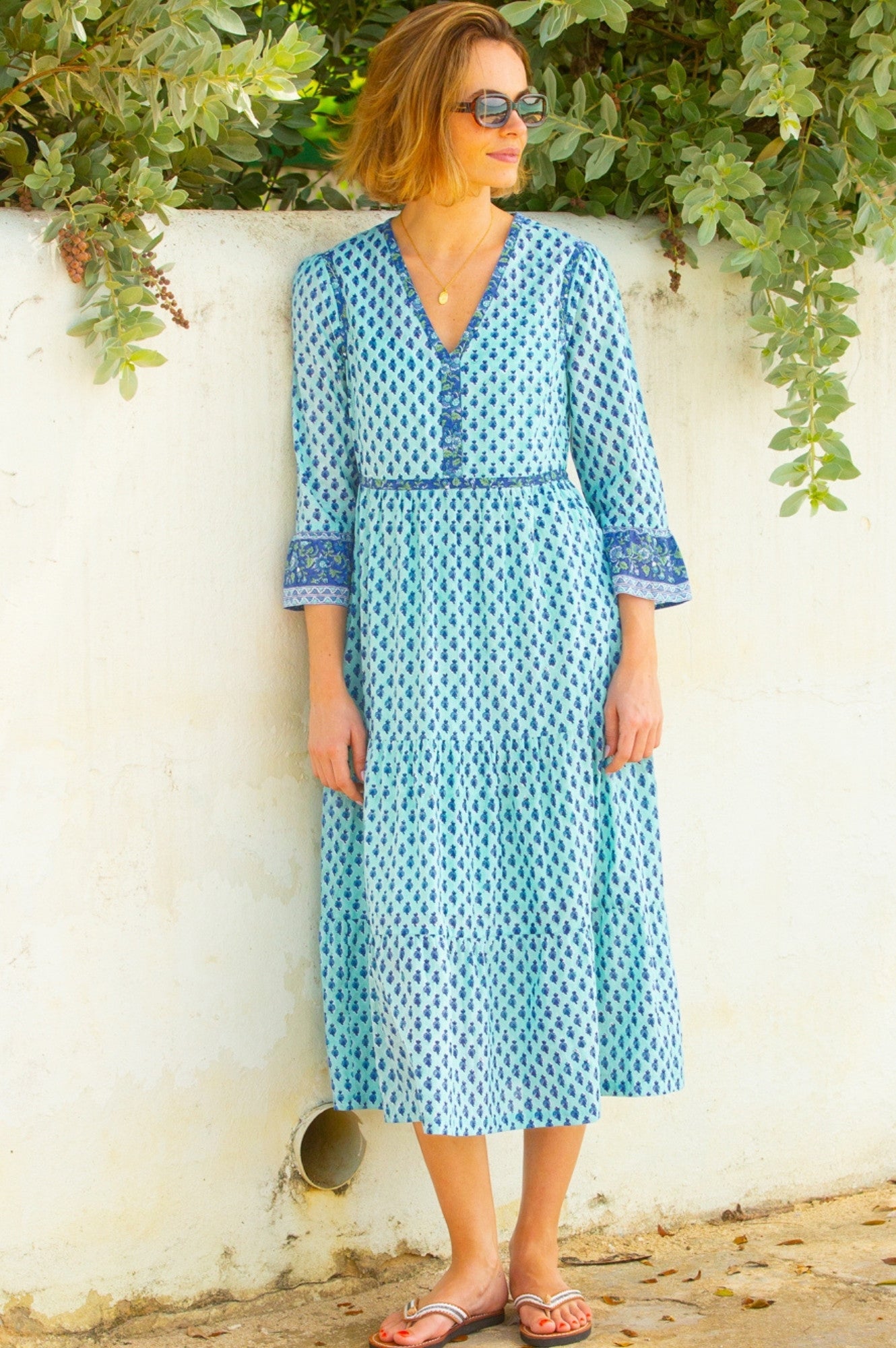Hayden Organic Cotton Block Print Dress | Buti Turquoise/Blue