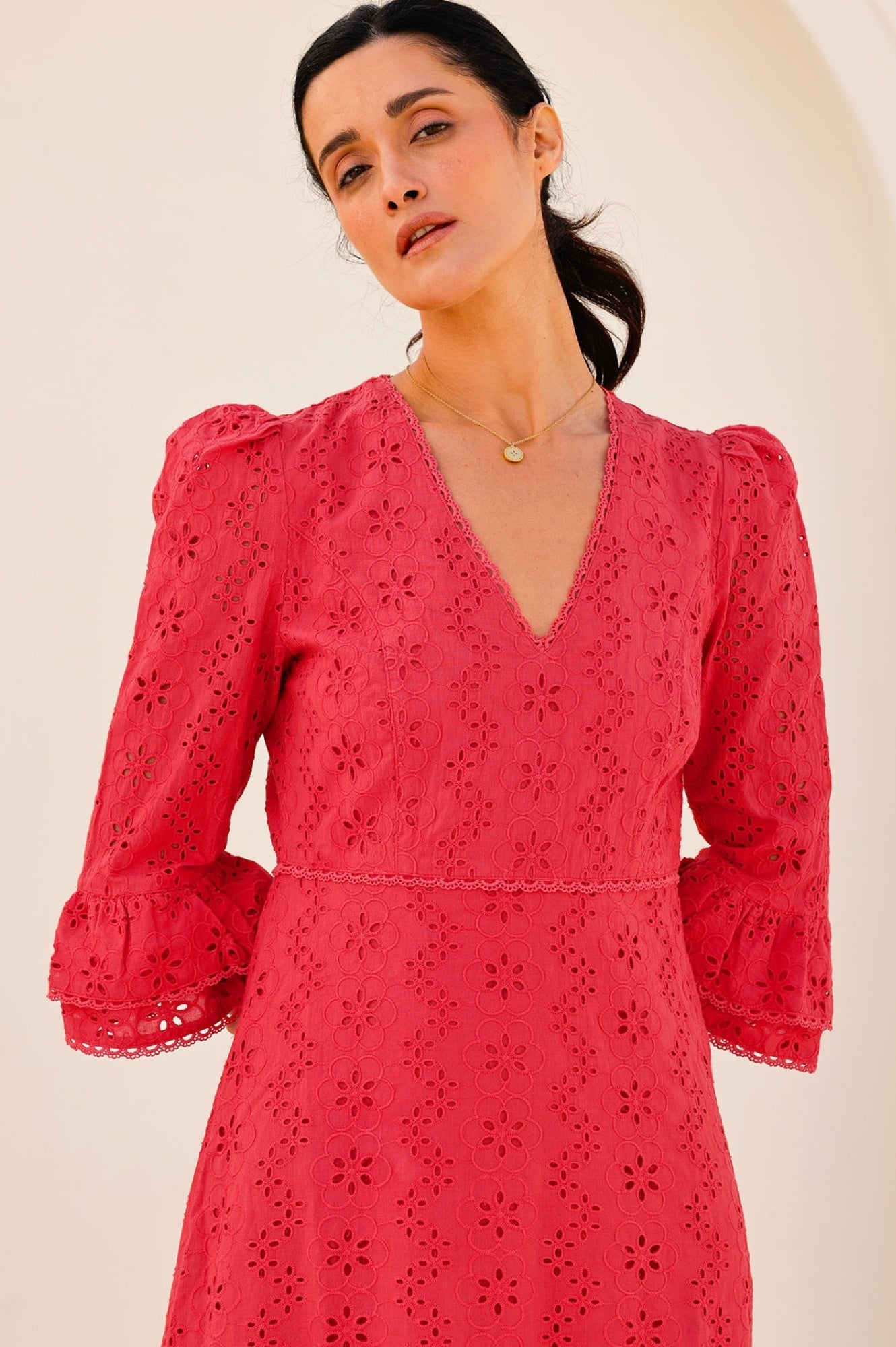 Victoria Cotton Broderie Dress | Red