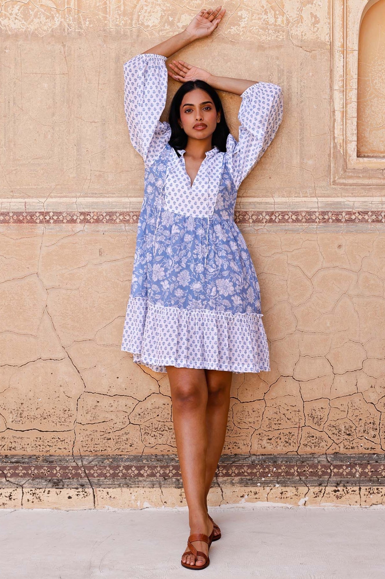 Marina Organic Cotton Print Mix Dress | Blossom Print Blue/White