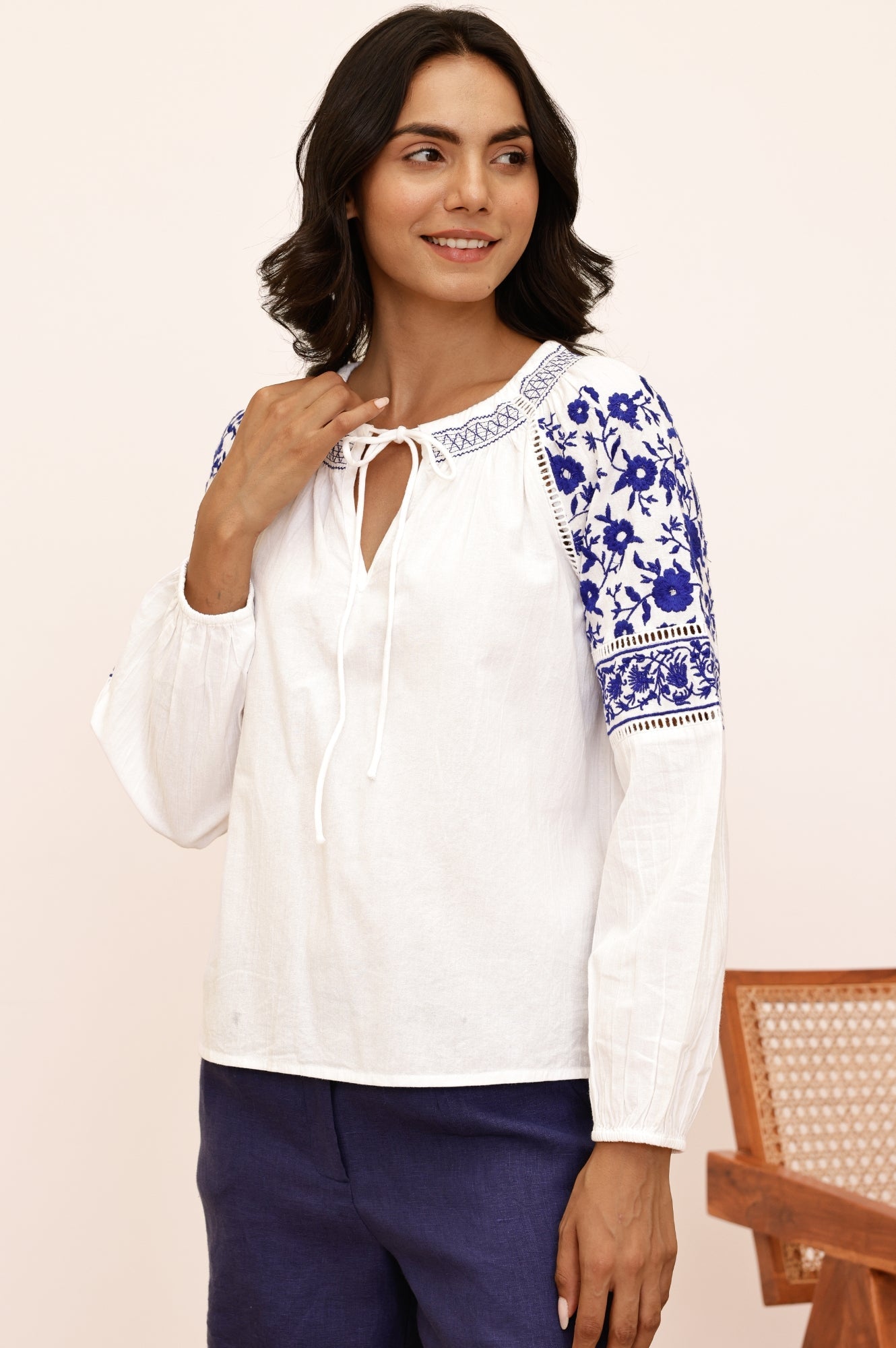 Ida Embroidered Cotton Top | White/Cobalt