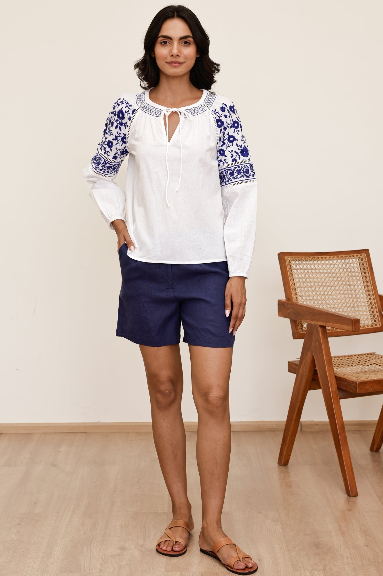 Ida Embroidered Cotton Top | White/Cobalt