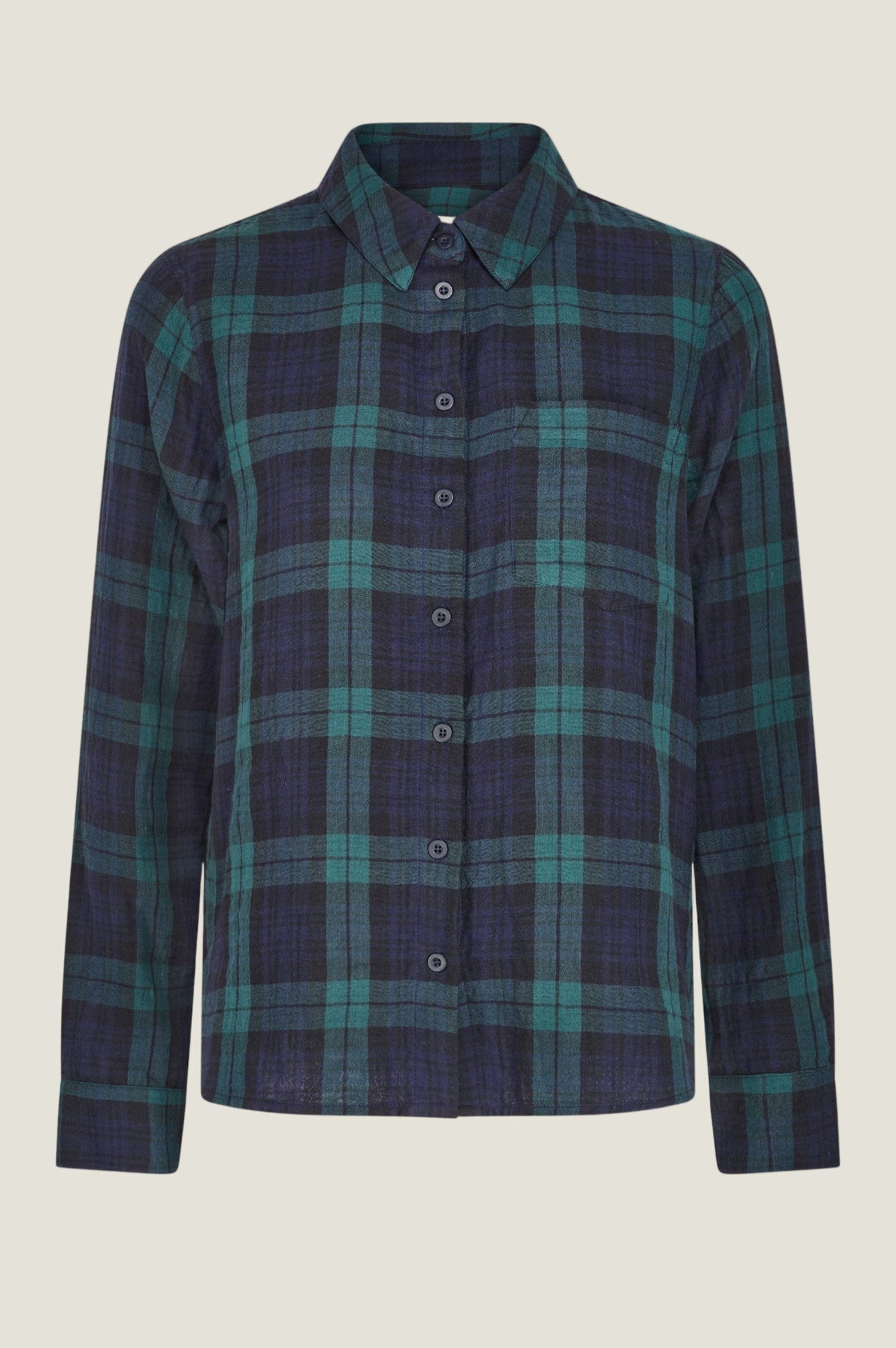 Mel Checked Double Cloth Organic Cotton Shirt | Navy/Green
