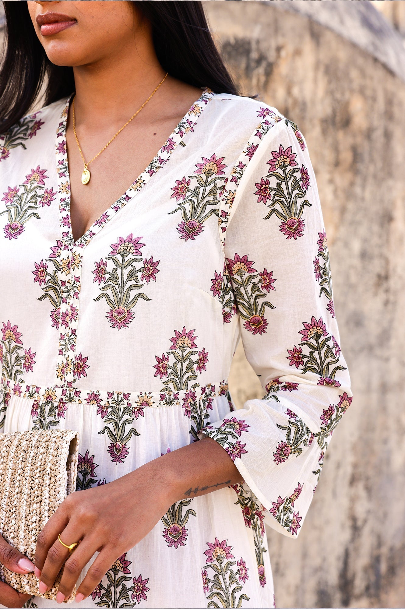 Hayden Organic Cotton Block Print Dress | Antique Wildflower Cream/Red/Green