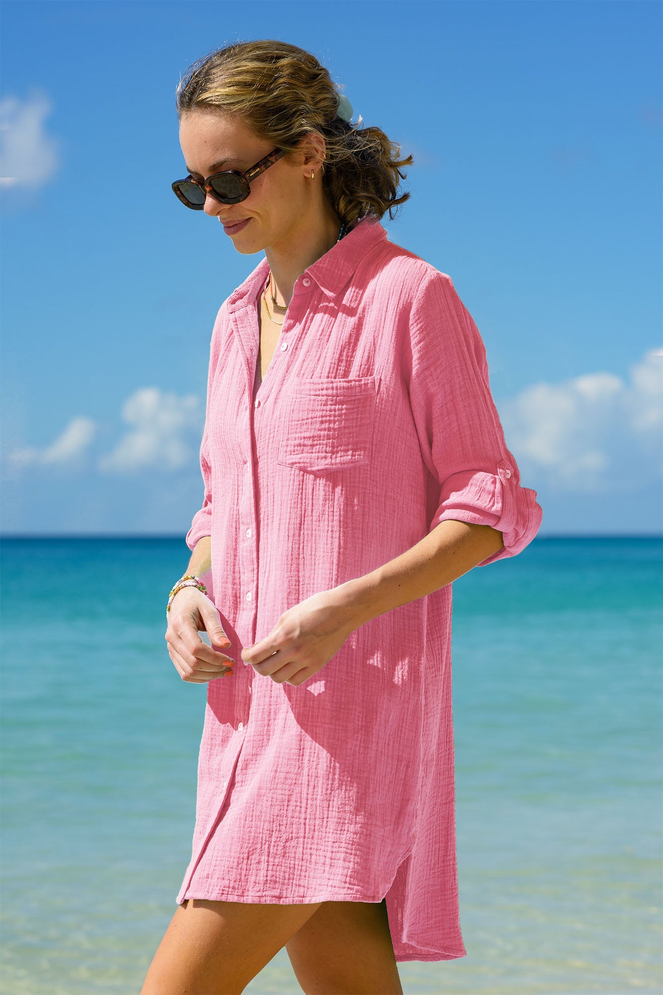Saffron Organic Cotton Cheesecloth Beach Shirt | Pink